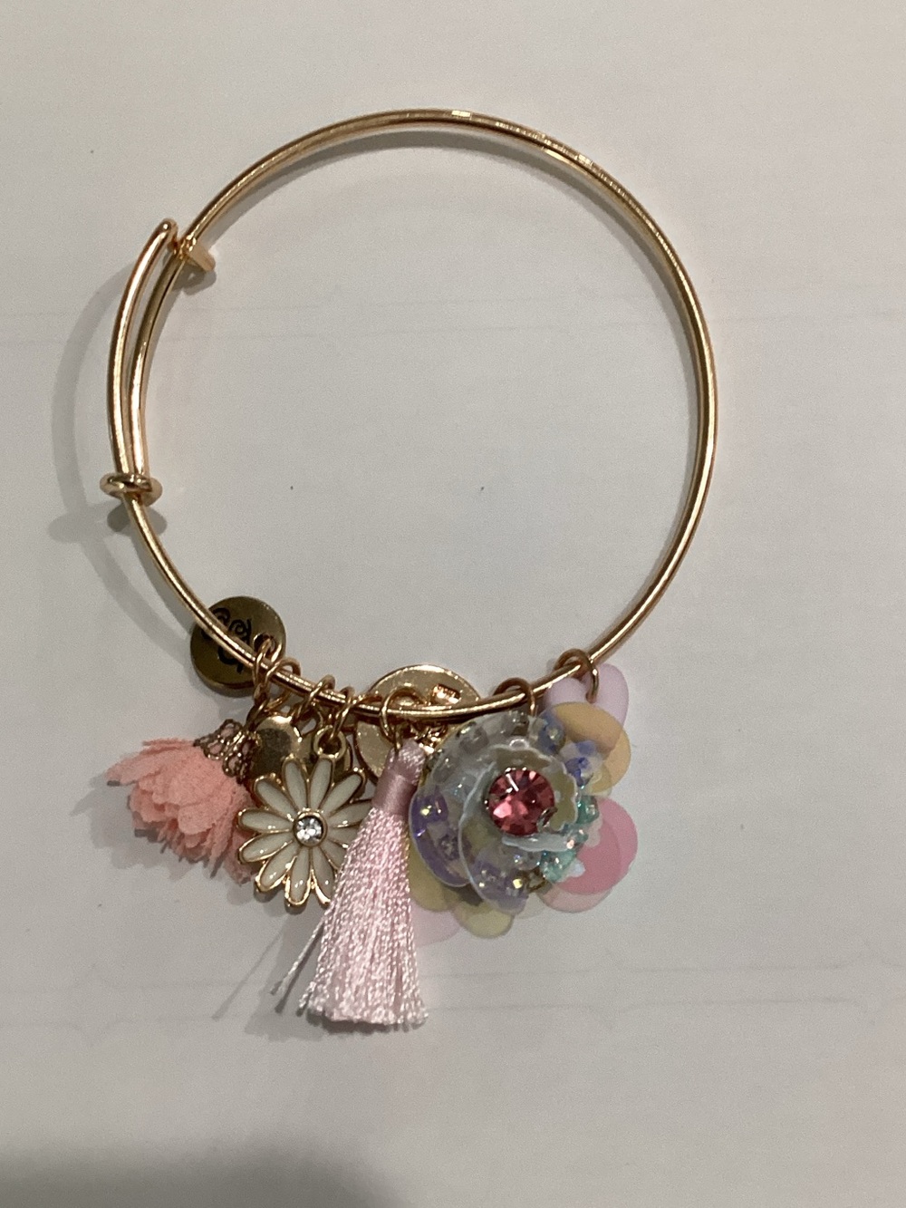 Gold-Tone Pink Flower Tassel Charm Bangle Bracelet